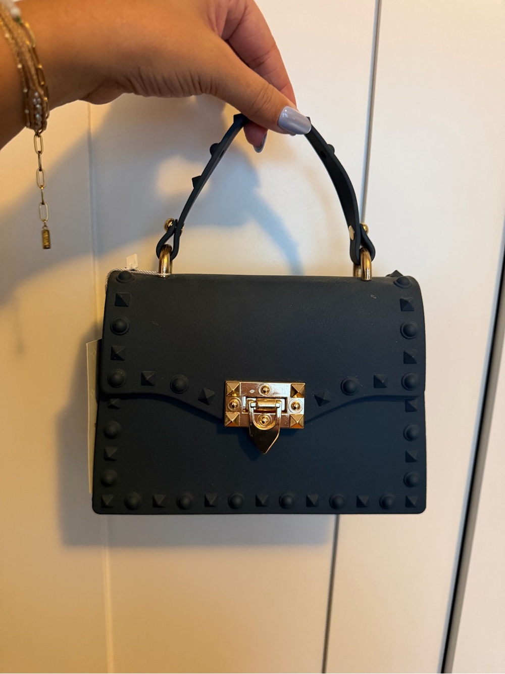 Navy Stud-Accent Top Handle Satchel with Gold Lock